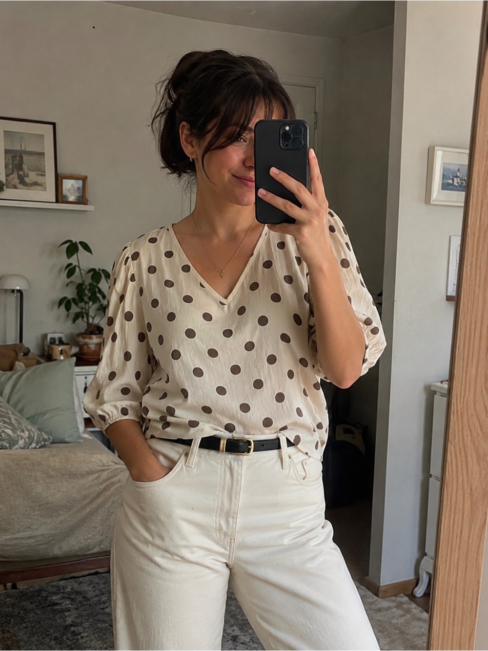Women's Ivory Brown Polka Dot Puff Sleeve Top Parisian Latte Girl Cottagecore M